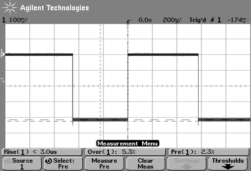 Waveform on Agilent 54642D oscilloscope, 200us/div